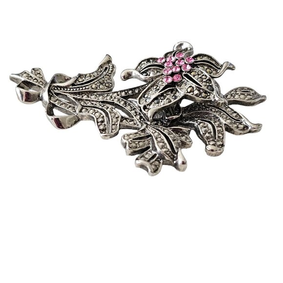1928 Brand Silver Tone Pink Rhinestone, Marcasite Flower Trembler Brooch L268 - Picture 3 of 11